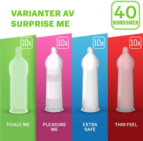 Värikäs kaaviokuva esittää neljä eri pulloa nimillä: Tickle Me, Pleasure Me, Extra Safe, Thin Feel. Yhteensä 40 kondomia.
