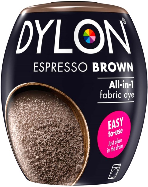 A package of DYLON Espresso Brown fabric dye with a colorful logo, showing a coffee cup and indicating easy to use.