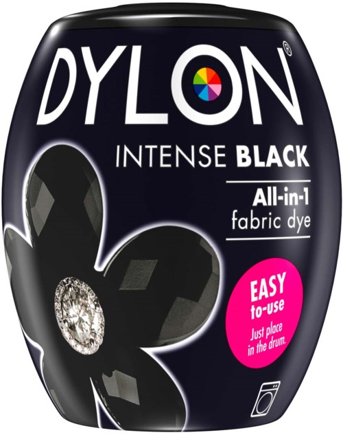 Black fabric dye in a bottle labeled DYLON, with a pink circle indicating easy to use.