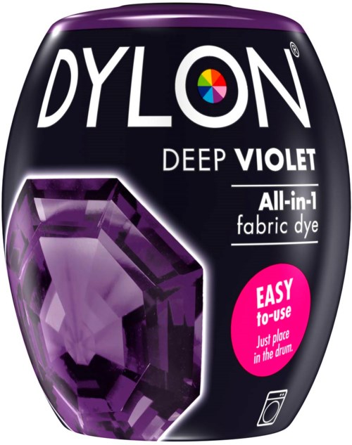 Dylon Deep Violet tekstilfarveflaske med billede af en lilla juvel og nem at bruge etikette.