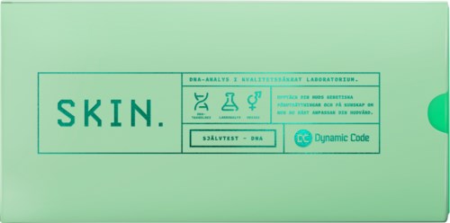 Ett medicinskt testkitpaket märkt 'SKIN' för DNA-analys, med symboler för laboratorievapen och testinformation.