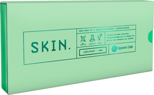 En grön låda märkt "SKIN" innehåller DNA-testkit med ikoner och instruktioner på lådan.