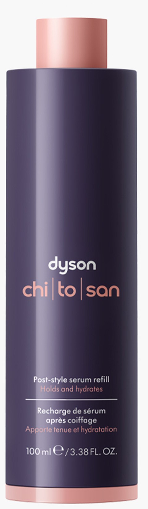 En lång, mörk flaska med rosa lock, märkt 'dyson chilto san', för hårrserum, 100 ml.