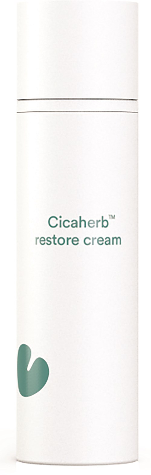 En vit tub med grön text som säger 'Cicaherb restore cream' och har en grön logotyp.