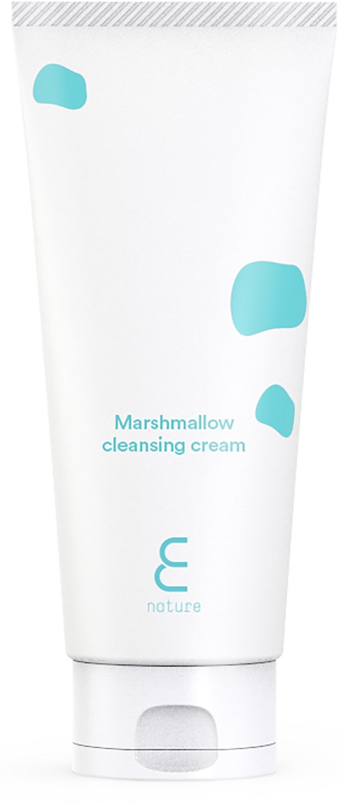 En vit tub med blå former, märkt 'Marshmallow cleansing cream' från Nature-märket.