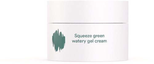 En vit burk med en etikett som säger "Squeeze green watery gel cream" och en grön abstrakt design.