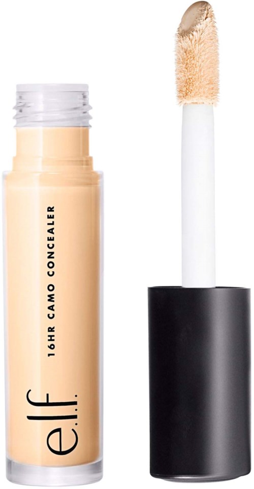 Beige peiteaineputki, jossa on harja ja musta korkki. Tunnuslauseessa lukee 'e.l.f. 16HR Camo Concealer'.