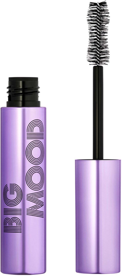 En lila mascara-rör med orden 'BIG MOOD' och en borste med mascara som visar.