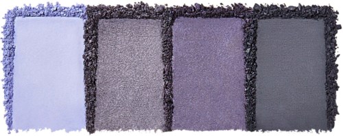 Fyra olika nyanser av lila ögonskuggor i rad, med texturerade kanter. Ljus till mörk färg.