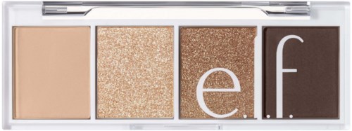 En makeup-palett har fyra nyanser: beige, glitterguld, glitterbrun och mörkbrun med 'e.f.'-logga.