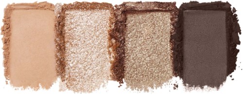 Fyra olika nyanser av ögonskugga i beige, glitter, ljusbrunt och mörkgrått visas i rad.