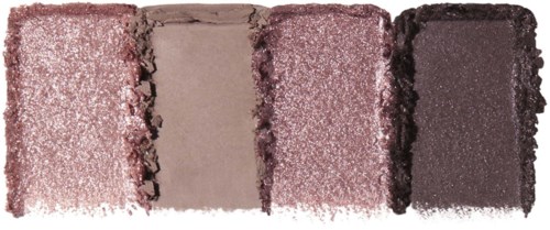 Fire øyenskyggefarger i rosa, beige, rosa glitter og mørk grå, ordnet side ved side.