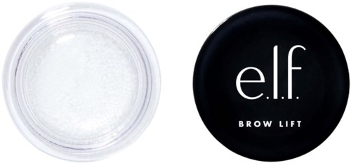 Ett litet burk med svart lock märkt 'e.l.f. BROW LIFT' och locket är öppet, visar ett vitt ämne inuti.