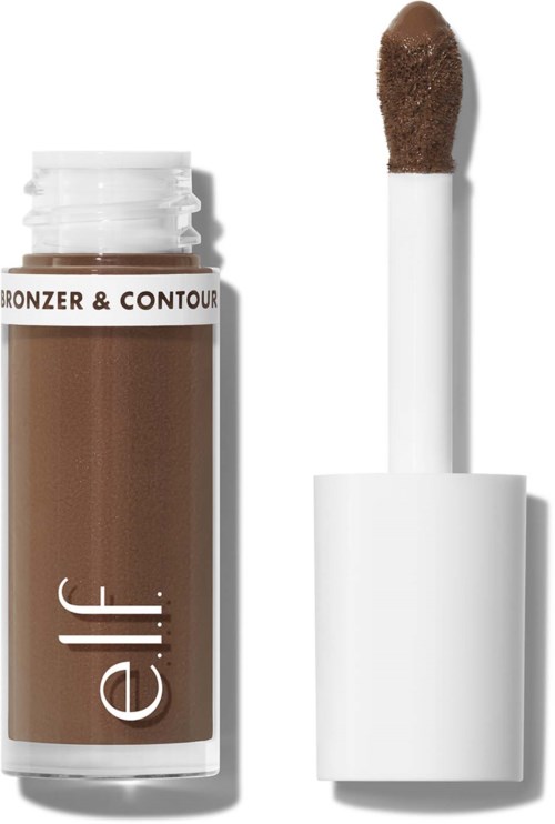 Ett brunt sminkstift med vit lock och svampapplikator, märkt 'Bronzer & Contour'.