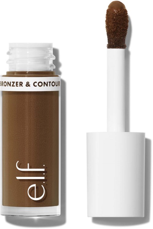 En brun contour- och bronseringsstift med vit flik och svampapplikator.