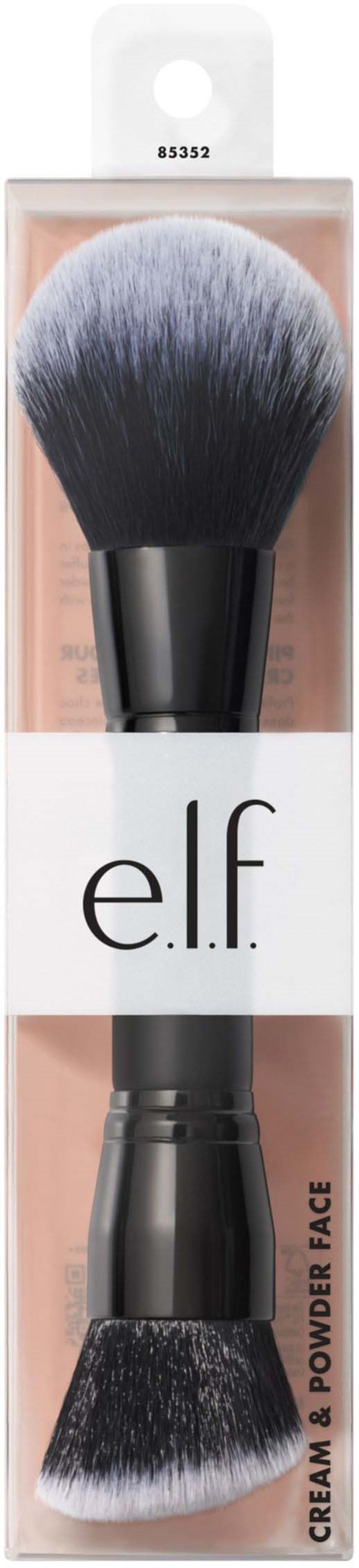 En makeupborste med två sidor i en box, märkt e.l.f. för ansiktsmakeup.