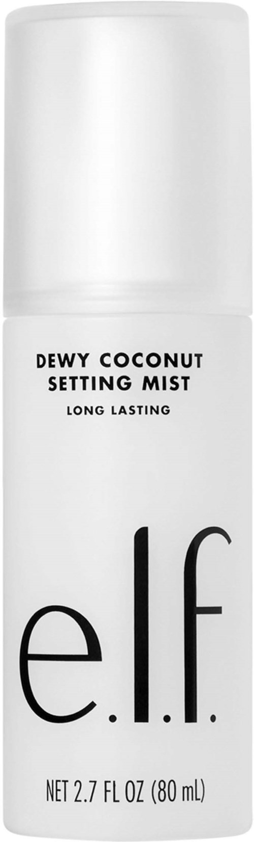 En vit sprayflaska med svart text för Dewy Coconut Setting Mist av e.l.f.