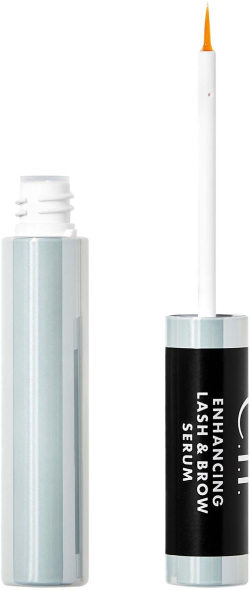 En vit eyeliner- eller brynserummodell med borste, visad med locket avlägsnat och borste utsträckt.