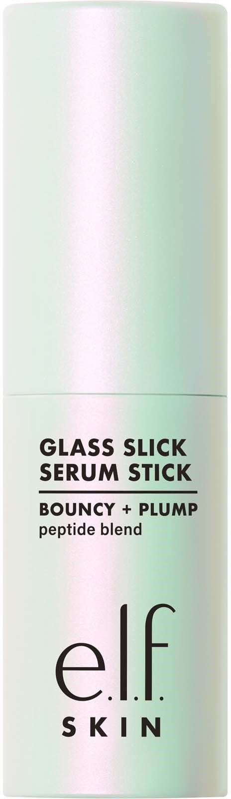 Et hudpleieprodukt i en høy, blank beholder merket Glass Slick Serum Stick for å fylle og glatte huden.
