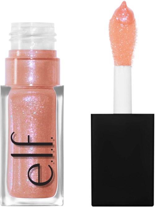 En makeupglansrör med glittrande, persikofärgad vätska och en applikatorroll.