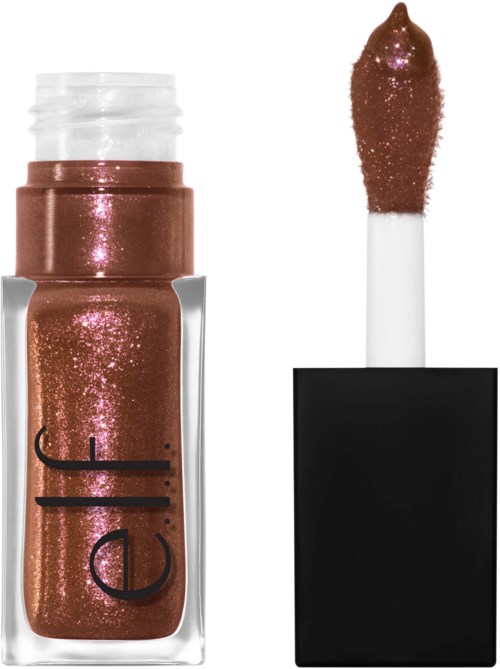 En leppestift med skinnende bronseglitter, åpnet, med applikatoren synlig. Den svarte hetten er ved siden av.
