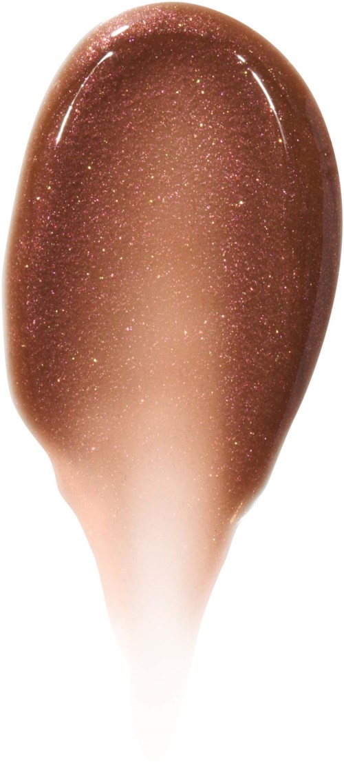 En makeuppensel med skinnende, brunt glitteraktig tupp og hvit skaft.