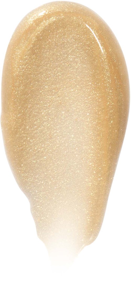 En guldglittrande makeupprov med droppform som visar glitter och slät textur.