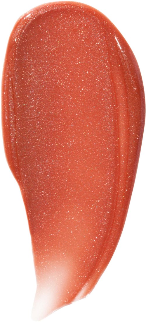 En metallisk, glittery korallorans leppglans med en blank overflate.
