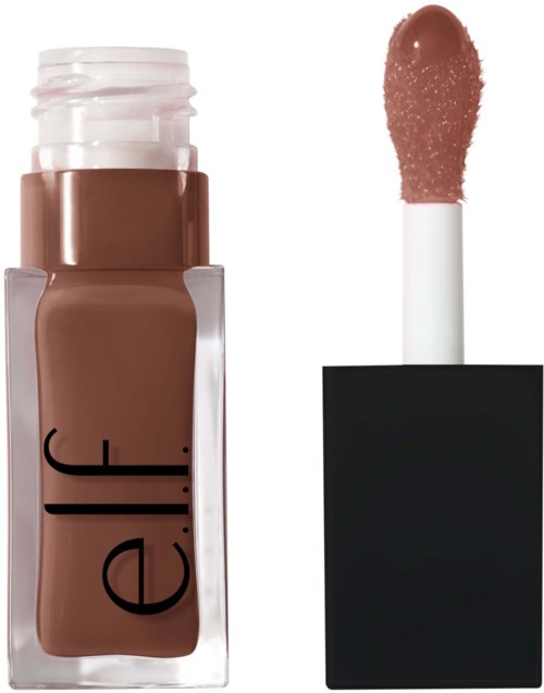 A brown liquid lipstick in a clear tube with a black cap and a doe-foot applicator.