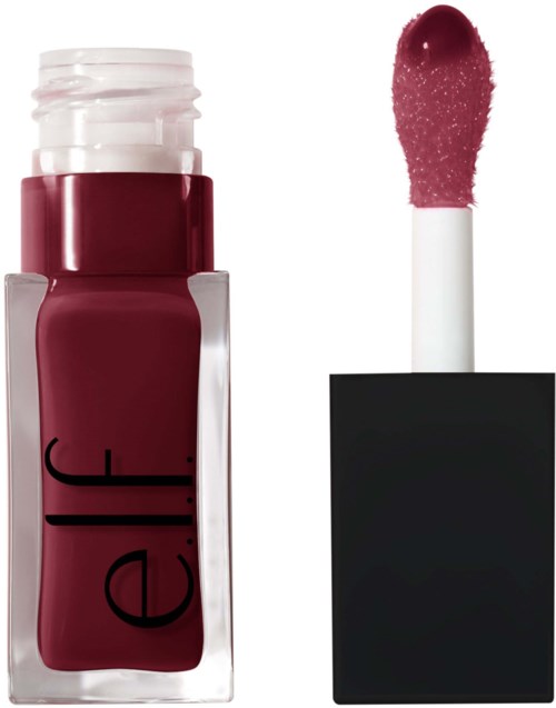 A bottle of dark red liquid lipstick with a matching applicator next to it.