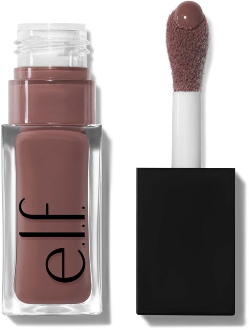 A bottle of beige liquid lipstick and a matching lip gloss with a sponge applicator. The lipstick bottle says 'elle' on it.