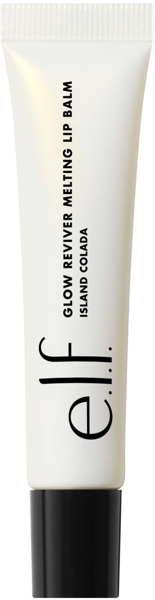 A white tube of a lip balm with black cap. Text says Glow Reviver Melting Lip Balm Island Cocoda.