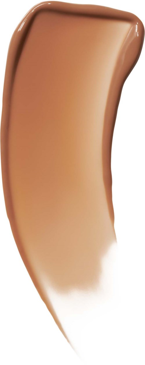 En buet sminkgrunnbørste med beige farge og avrundede kanter.