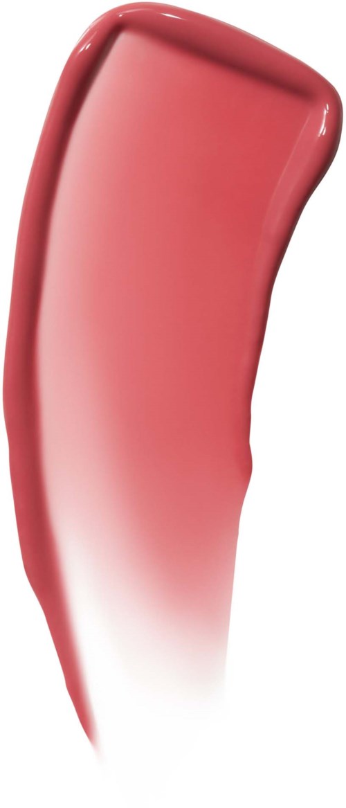 En kurvet leppestift med skinnende rosa-aktig rød farge og glatt overflate.