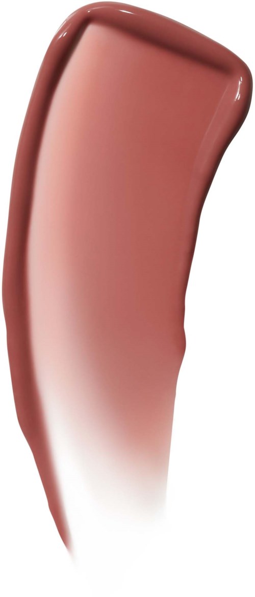 En bøyd sminkebørste med rosa-brun farge og myke børster.