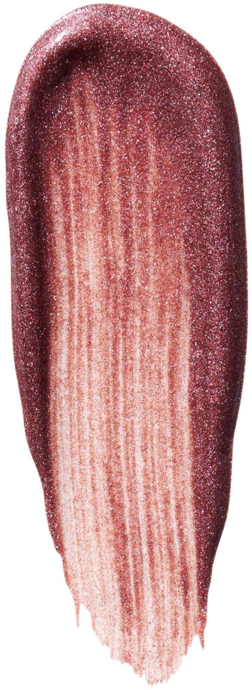 En lang, buet sminkebørste med glitteraktige rosa og gull børster.