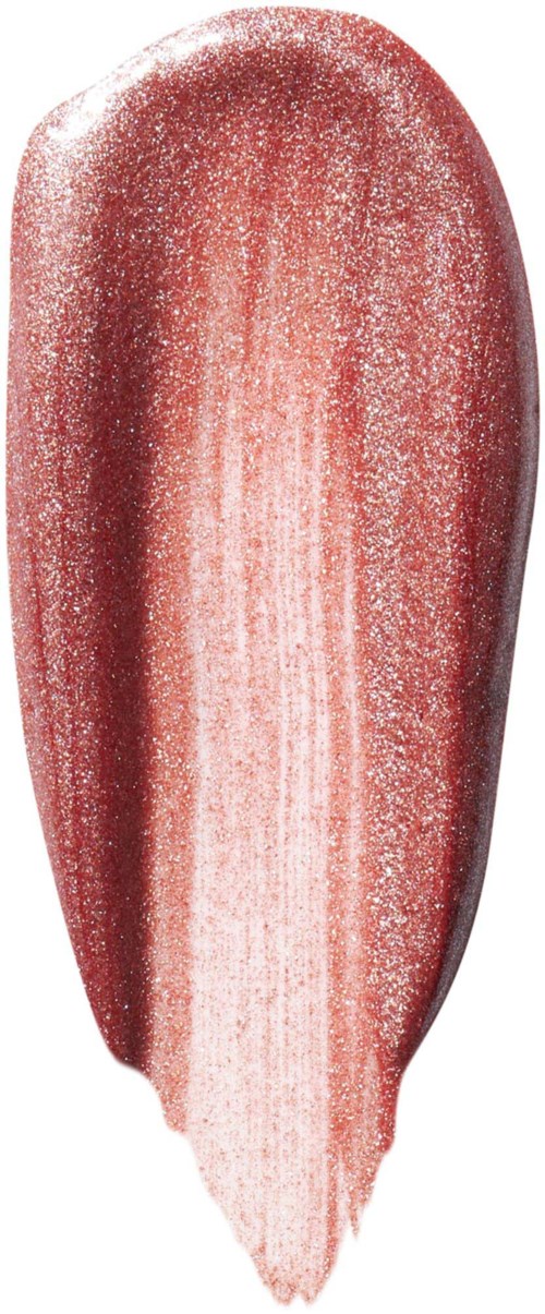 En prøve av rosa lip gloss eller leppestift med glans og en rund, buet form.