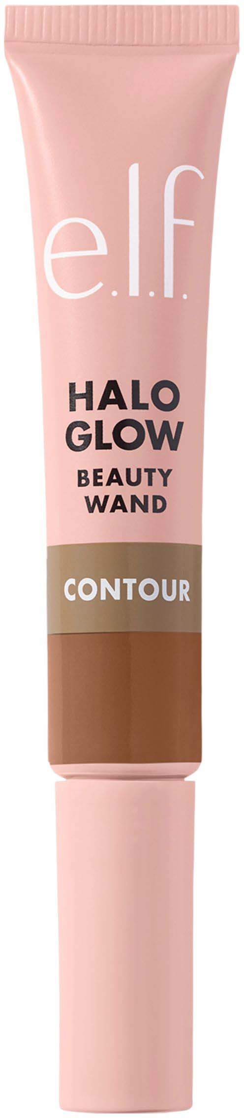 En rosa tub med texten 'elf' och 'Halo Glow', 'Beauty Wand' och 'Contour'.