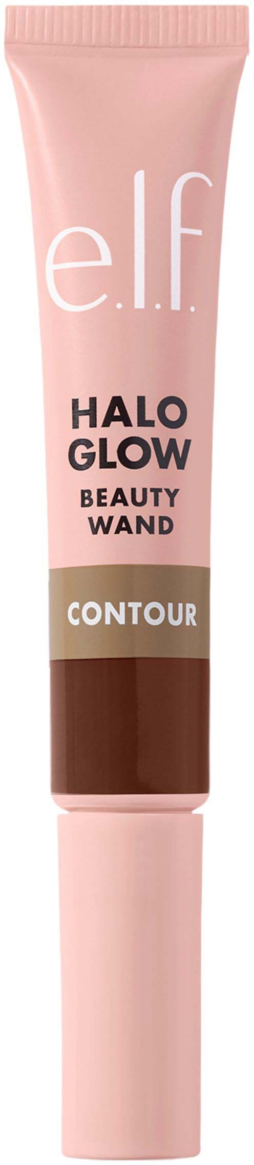 Ett rör av elf Halo Glow Beauty Wand för contouring, i rosa och brunt med textetiketter.