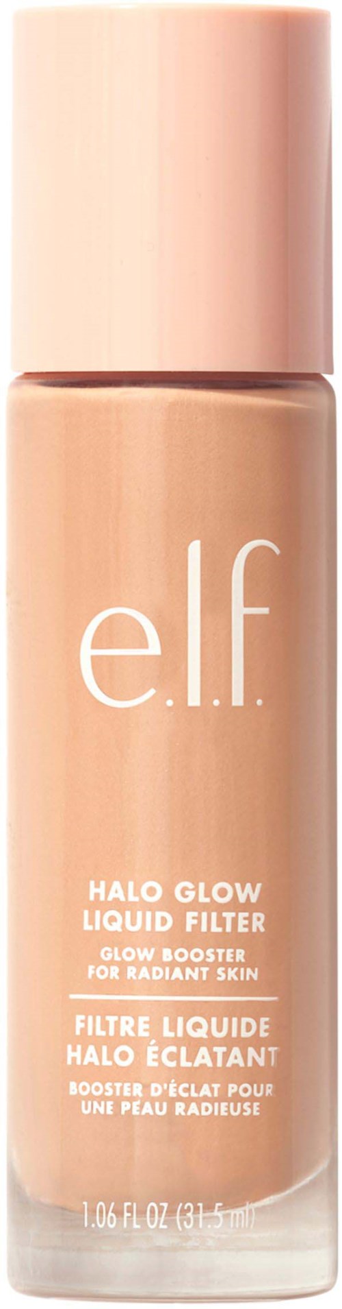 Flaska med e.l.f. Halo Glow Liquid Filter, en glow-boostare för strålande hud, med en rosa lock.