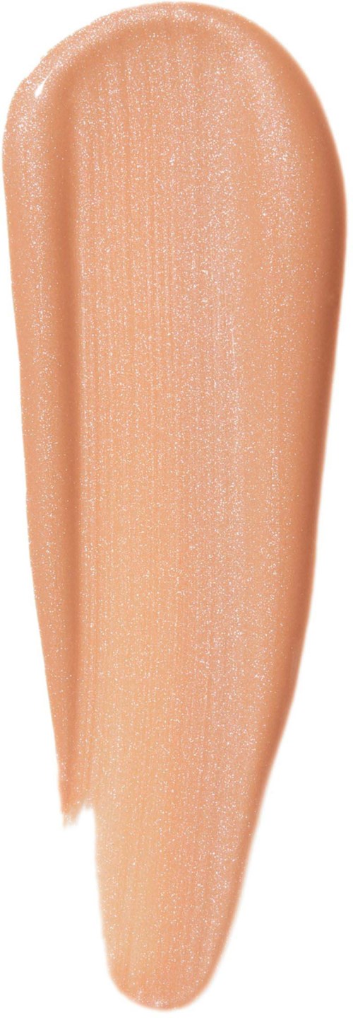Ett ljusbeige eller persikofärgat flytande makeupprov på vit bakgrund.