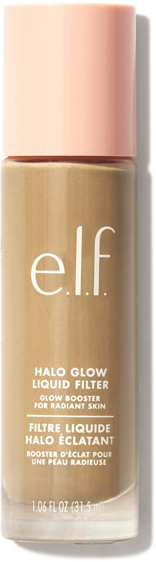 En flaska med e.l.f. Halo Glow Liquid Filter makeupprodukt med rosa lock och beige vätska inuti.