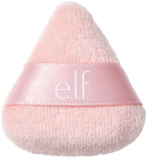 Pink soft sponge with a pink band that says 'elf'. It looks like a makeup sponge.