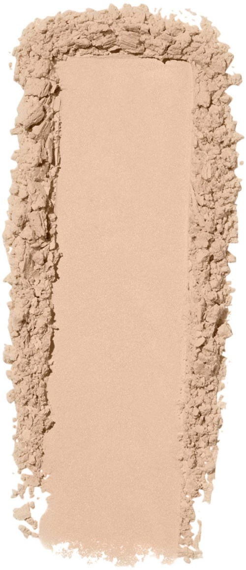 Ett beige makeupblock är tryckt i ett krossat kring den, med lite puder spritt vid kanterna.