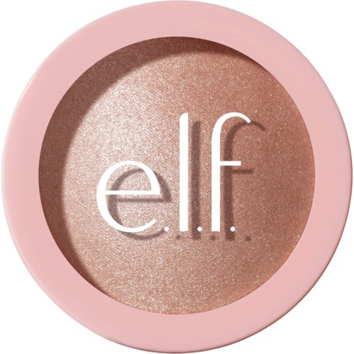 En rosa rund behållare med ett glittrande, beige färgat innehåll och ordet 'e.l.f.' på locket.