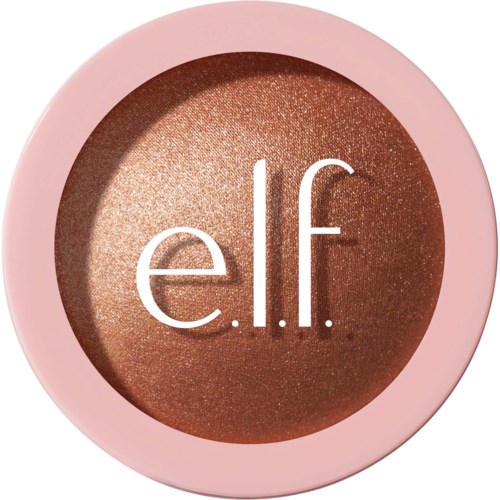 En rund makeupprodukt med rosa kant och varumärkesnamnet 'e.l.f.' i mitten.