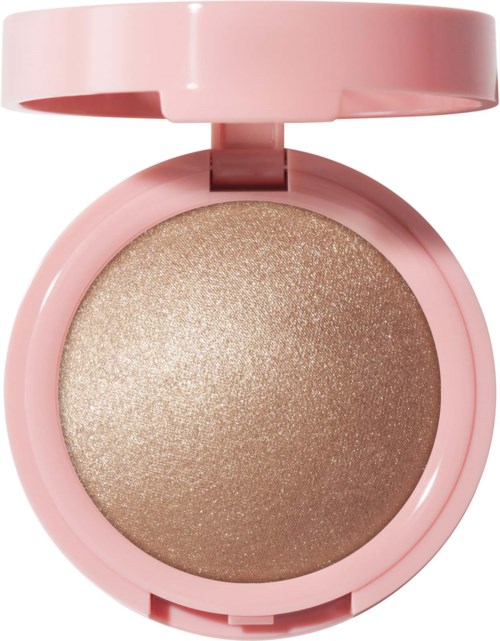 A round, pink compact with shimmery beige makeup inside and a see-through lid.