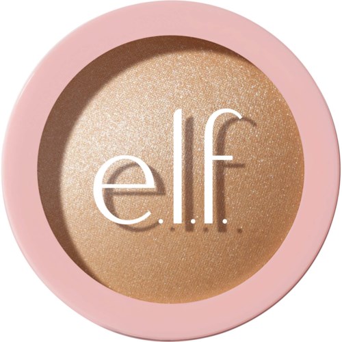 En makeupprodukt med ett rosa behållare och beige puder med märket 'e.l.f.' tryckt på.