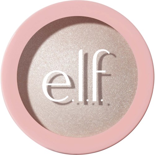 Ett runt sminkprodukt med rosa kant och metalliskt skimrande beige inuti, märkt 'elf'.