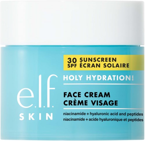 En blå burk med elf skin ansiktskräm med SPF 30, kallad Holy Hydration, innehåller niacinamide, hyaluronsyra och peptider.